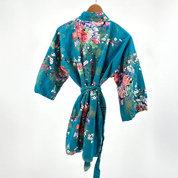 Vintage y2k Japanese Teal 100% Cotton Twill Child’s Kimono - Picture 3 of 7